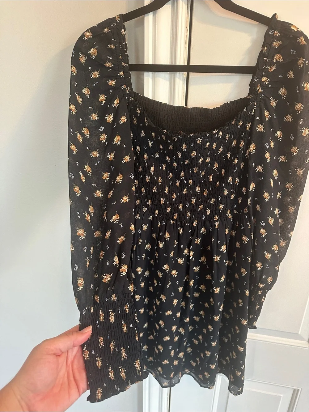 Maje Black Floral Mini Dress with Puff Sleeves